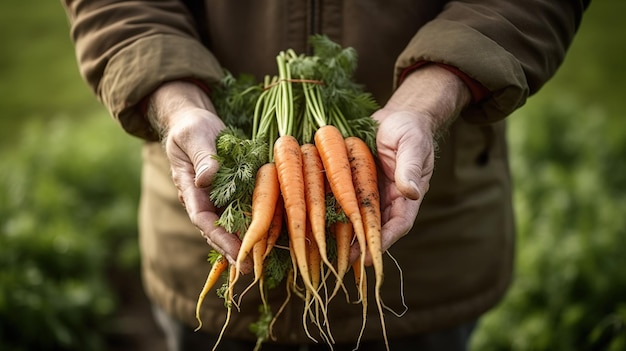 Generatieve AI groenten in de handen van een boer in de tuin wortelen uit de grond