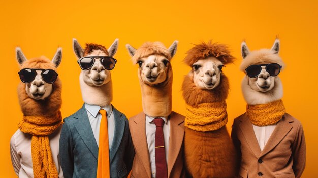 Generatieve AI Groep positieve verschillende kleuren alpaca's of lama's grappige dieren