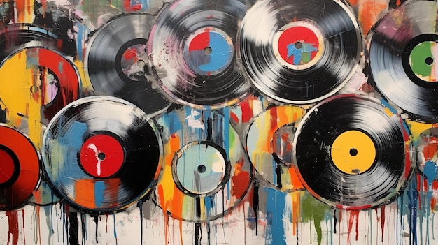 Generatieve AI Grunge Vinyl Records pop art graffiti levendige kleuren inkt gesmolten verf straatkunst