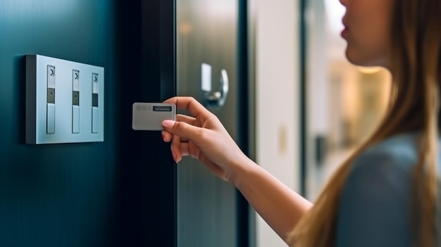 Generatieve AI-hand van een zakenvrouw die een keycard in het deurbeveiligingssysteem steekt