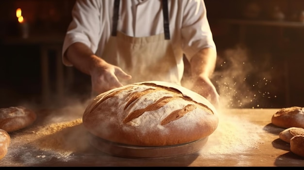 Foto generatieve ai handen van bakker in restaurant of thuiskeuken bereiden ecologisch natuurlijk gebak x9 of brood