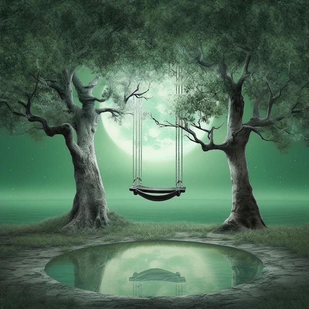 Foto generatieve ai-hangmat in een boom in fantasielandschap met grote maan