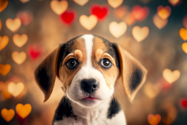 Generatieve ai heel schattig en romantisch puppy hondje geïsoleerd op harten achtergrond