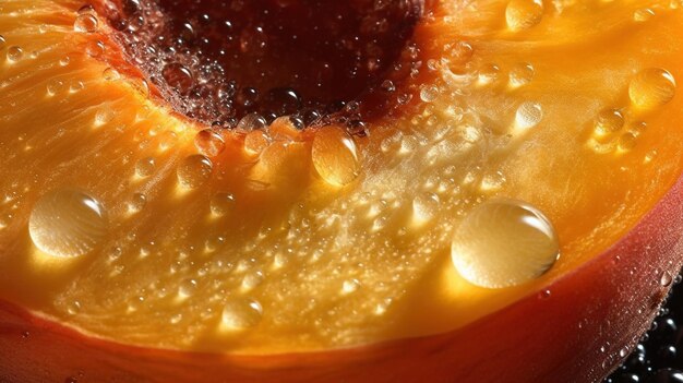 Generatieve AI heldere plak sappige rijpe abrikoos en waterdruppels macro van zomerfruit