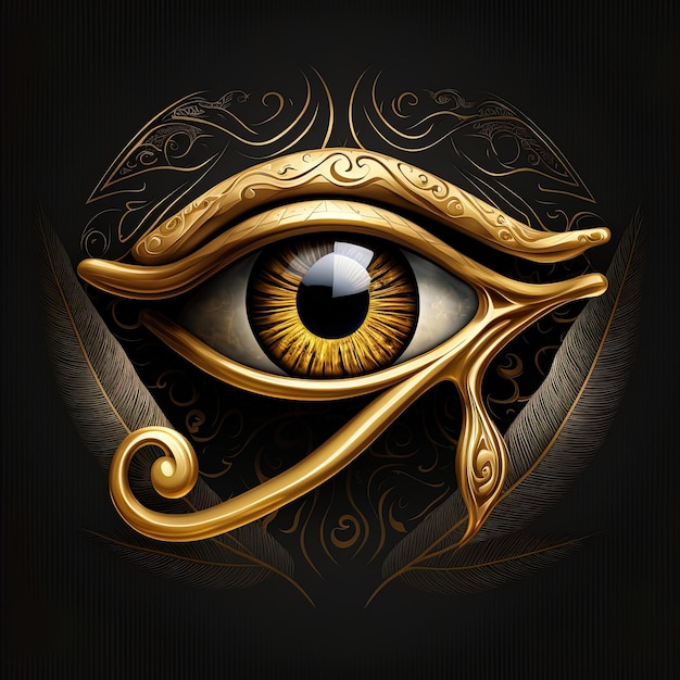 Generatieve AI het gouden oog van horus met gouden effect op zwarte achtergrond Vertegenwoordiging van het zonne-oog of het oog van Ra-symbool van de oude Egyptische god van de zon