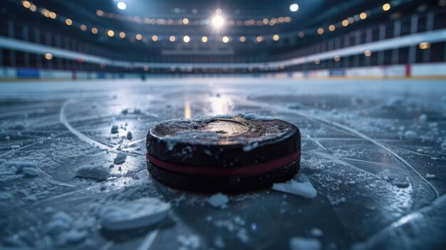 Foto generatieve ai hockey arena met puck close-up sport ijsbaan stadion