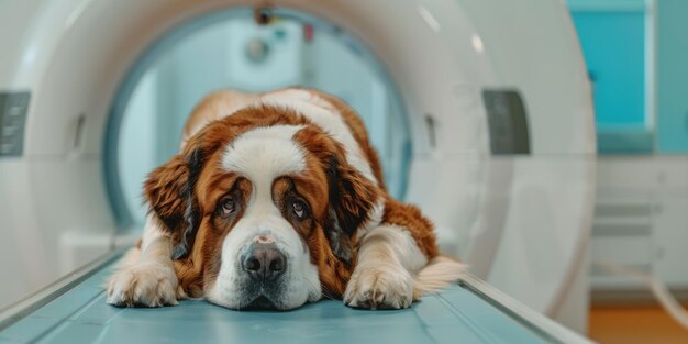 Generatieve AI Hond op tafel in een dierenartskliniek bij een MRI-onderzoek in een dierenartshospitaal