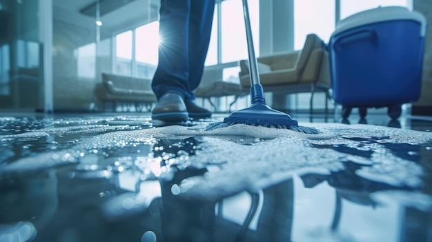 Foto generatieve ai huishoudster schoonmaakster met een dweil om de vloer schoon te maken kantoor- of huishoudster schoonmaakster en huisvrouw