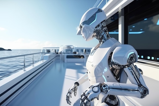 Generatieve AI humanoïde robot op het dek van een cruiseschip