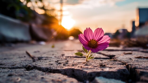 Generatieve ai illustratie Close Up op Roze bloem groeien op crack straat