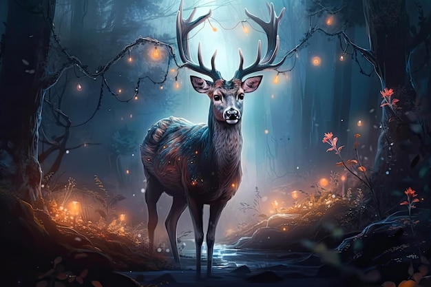Generatieve AI-illustratie Realistisch mooi hert in een magisch bos met sprankelende lichtjes