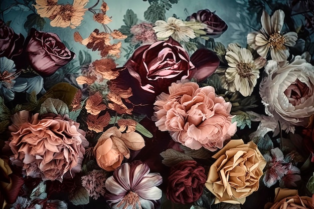Generatieve AI-illustratie van achtergrond van kleurrijke bloeiende bloemen met zachte bloemblaadjes van bovenaf gezien