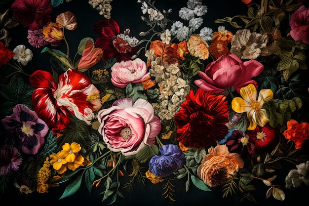 Generatieve AI-illustratie van achtergrond van kleurrijke bloeiende bloemen met zachte bloemblaadjes van bovenaf gezien