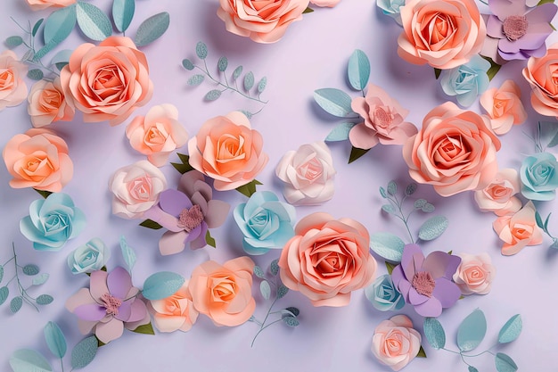 Generatieve AI-illustratie van achtergrond van pastelkleuren van roze bloemen met zachte bloemblaadjes van bovenaf gezien met kopieerruimte