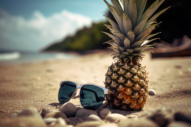 Generatieve AI illustratie van ananas op het strand met zonnebril op een zonnige dag met tropische kleuren