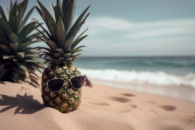 Generatieve AI illustratie van ananas op het strand met zonnebril op een zonnige dag met tropische kleuren