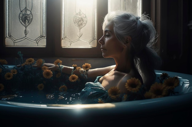 Generatieve AI-illustratie van bejaarde grootmoeder met lang grijs haar in een badkamer met bloemen