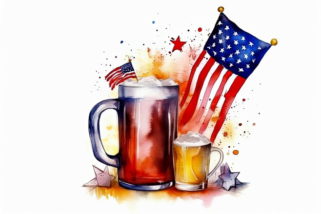 Generatieve AI-illustratie van bier met Amerikaanse vlag voor de viering van 4 juli