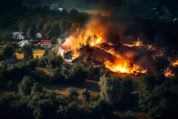 Generatieve AI-illustratie van bos en dorp in grote zomerbrand door gebrek aan regenstop klimaatverandering