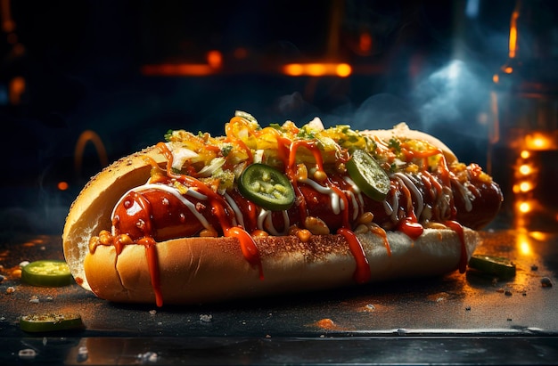 Generatieve AI-illustratie van Buffalo Sauce Hot Dog met Ranch Style Mayo en ingelegde komkommer fastfood