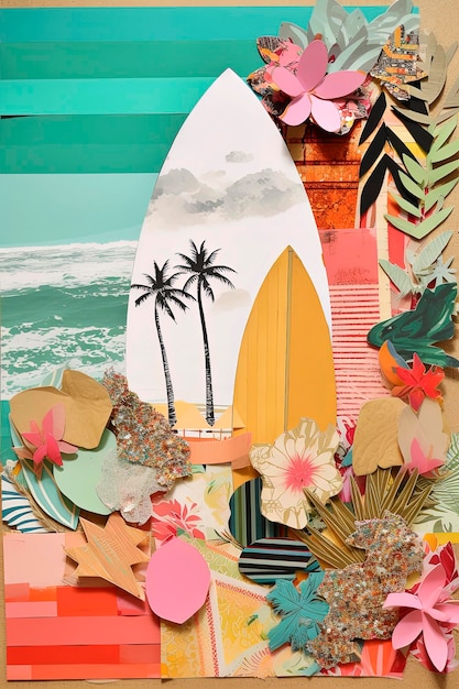 Generatieve AI-illustratie van coole trendy collage van de zomer op het strand, handgemaakt op plakboekpapier met levendige kleuren