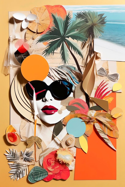 Generatieve AI-illustratie van coole trendy collage van de zomer op het strand, handgemaakt op plakboekpapier met levendige kleuren