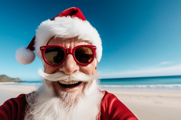 Generatieve AI-illustratie van de kerstman met zonnebril die een selfie neemt op een strand op een zonnige kerstdag