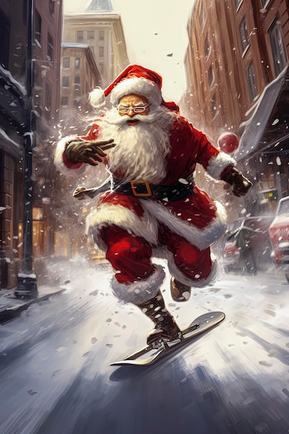 Generatieve AI-illustratie van de kerstman op een skateboard die op een besneeuwde dag door de straten van New York slentert KerstdagenDigitale kunst