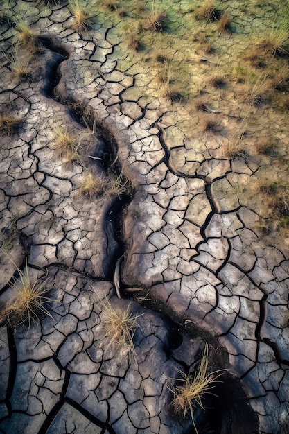 Generatieve AI-illustratie van droog moeras met gebarsten grond als gevolg van droogte als gevolg van klimaatverandering