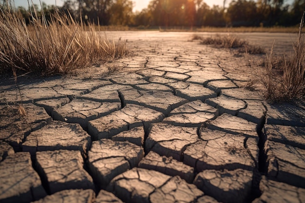 Generatieve AI-illustratie van droog moeras met gebarsten grond als gevolg van droogte als gevolg van klimaatverandering