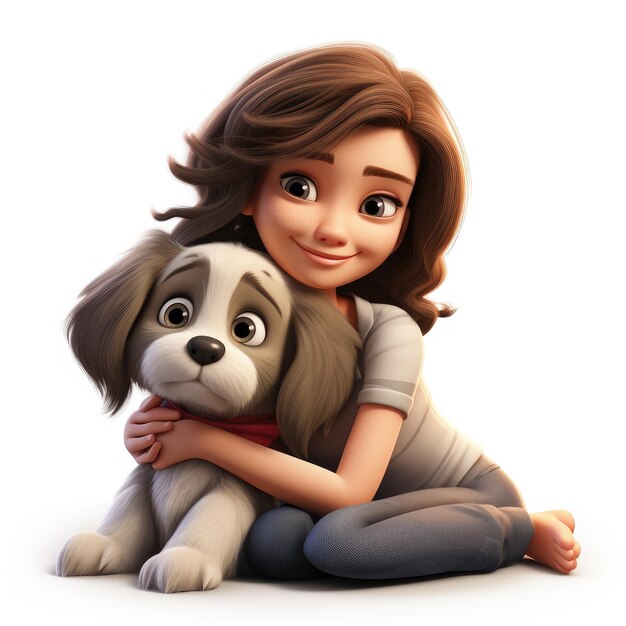 Foto generatieve ai illustratie van een 3d cartoon vrouw die haar hond knuffelt