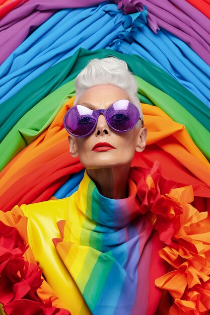 Generatieve AI-illustratie van een 55-jarige lesbische vrouw gekleed en opgemaakt in haute couture met de kleuren van de regenboog