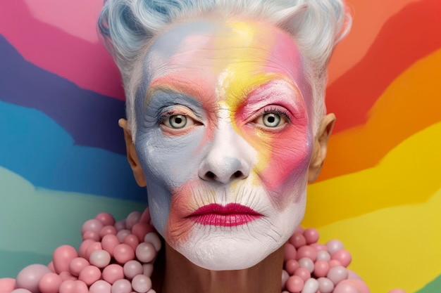 Generatieve AI-illustratie van een 55-jarige lesbische vrouw gekleed en opgemaakt in haute couture met de kleuren van de regenboog