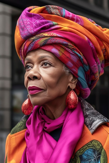 Generatieve AI-illustratie van een 60-jarige zwarte vrouw gekleed in haute couture die door de straten van Parijs loopt