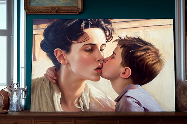 Generatieve AI-illustratie van een aantrekkelijke moeder die haar zoontje kust