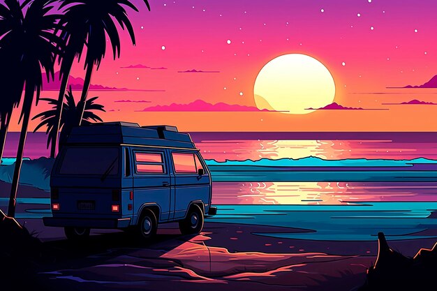 Generatieve AI-illustratie van een busje dat aan het strand zit bij zonsondergang in de stijl van retrowave