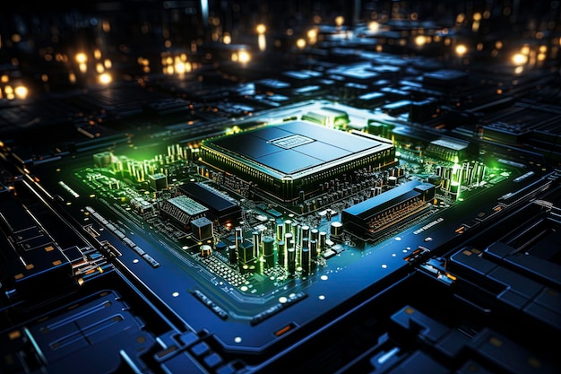 Generatieve AI-illustratie van een close-up van een circuit CPU-bord met elektronische componenten die technologie en connectiviteit symboliseren in felle kleuren Technologieconcept