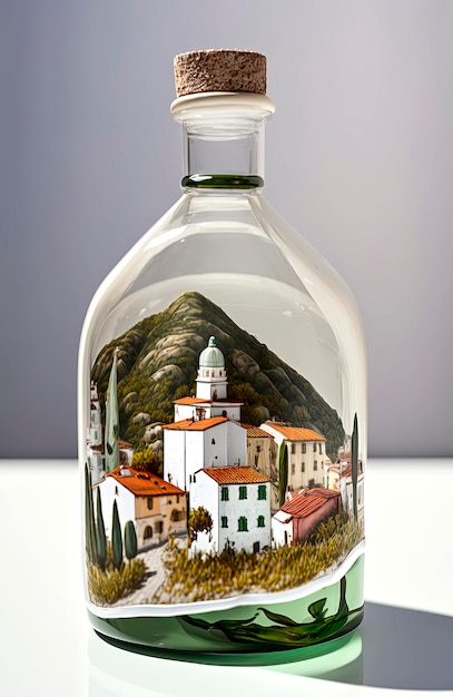 Generatieve AI illustratie van een dorp op het Andalusische platteland met zonlicht in een glazen fles Typisch Spaans