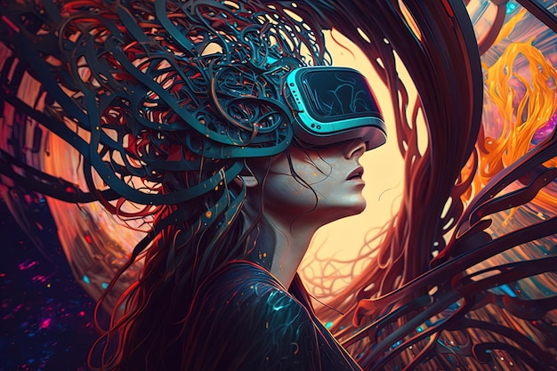 Generatieve AI-illustratie van een enthousiaste jonge vrouw die een virtual reality-bril draagt, bevindt zich in het metaverse Metaverse-concept en virtuele wereldelementen Games en entertainment van het digitale