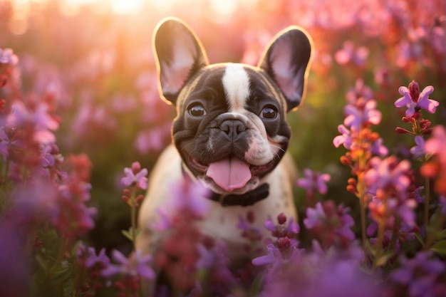 Generatieve AI-illustratie van een Franse Bulldog-puppy die in een bloemenveld speelt