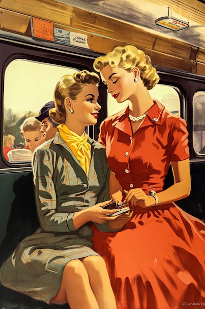 Generatieve AI-illustratie van een gelukkig blank lesbisch verliefd stel in de illustratie van de jaren 50-stijl Digitale kunst