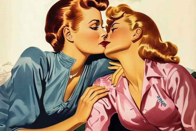 Generatieve AI-illustratie van een gelukkig blank lesbisch verliefd stel in de stijlillustratie van de jaren 50 Digitale kunst