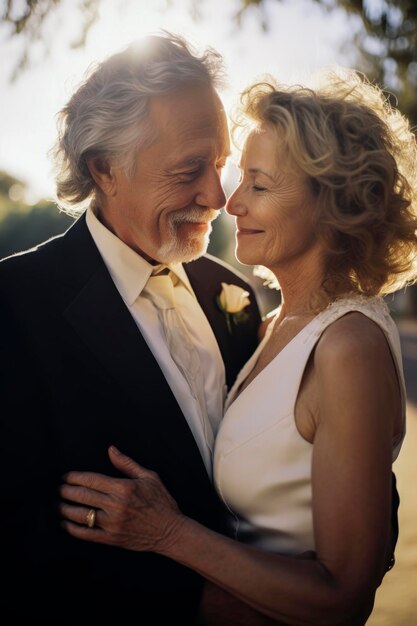 Foto generatieve ai-illustratie van een gelukkig blank oud verliefd echtpaar dat elkaar omhelst in elegante jurken liefde
