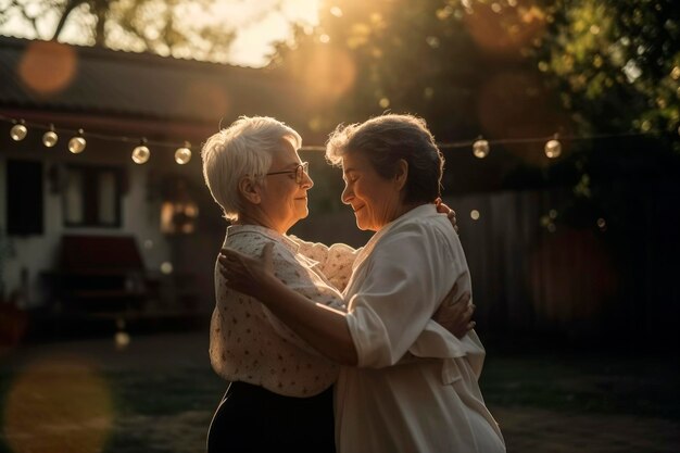 Generatieve AI-illustratie van een gelukkig lesbisch verliefd stel dat danst in een tuin bij zonsondergang