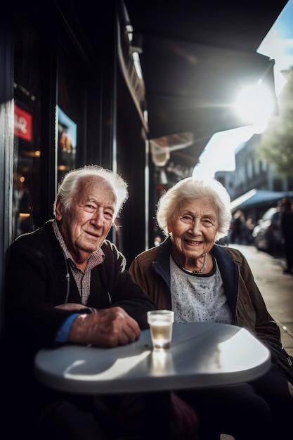 Generatieve AI-illustratie van een gelukkig oud blank echtpaar dat geniet van een drankje op een barterras