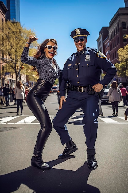 Generatieve AI-illustratie van een gelukkige New Yorkse politieagent die danst met een stel op straat, gekleed in uniform. Gelukkige mensen