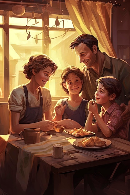 Generatieve AI-illustratie van een grote, gelukkige blanke familie die in de keuken eet met lichtstralen die door het raam komen. Concept van geluk