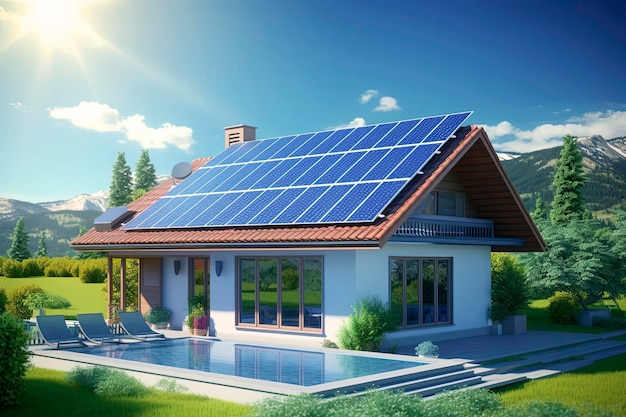 Generatieve AI-illustratie van een huis met fotovoltaïsche panelen op het dak en de zon in een blauwe lucht. Zonne-energie is hernieuwbaar