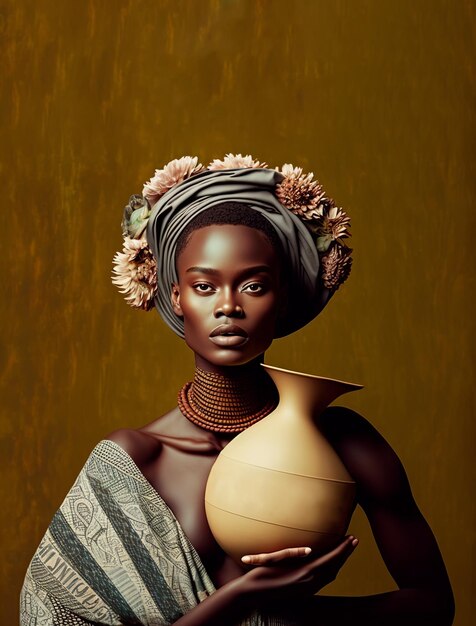 Generatieve AI-illustratie van een jong Afro-Amerikaans topmodel met een kleipot met halsringen en een traditionele turban versierd met bloemen