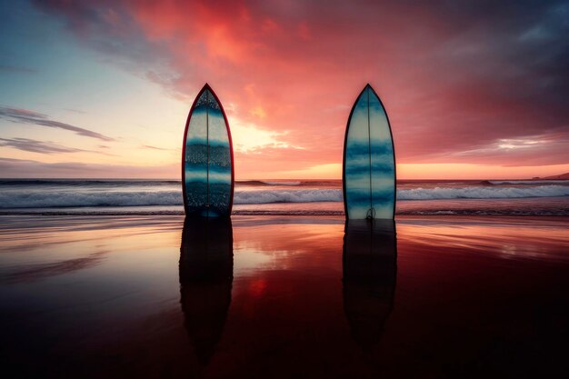 Generatieve AI-illustratie van een levendig gekleurde surfplank die tijdens vakanties vastzit in het zand van een strand